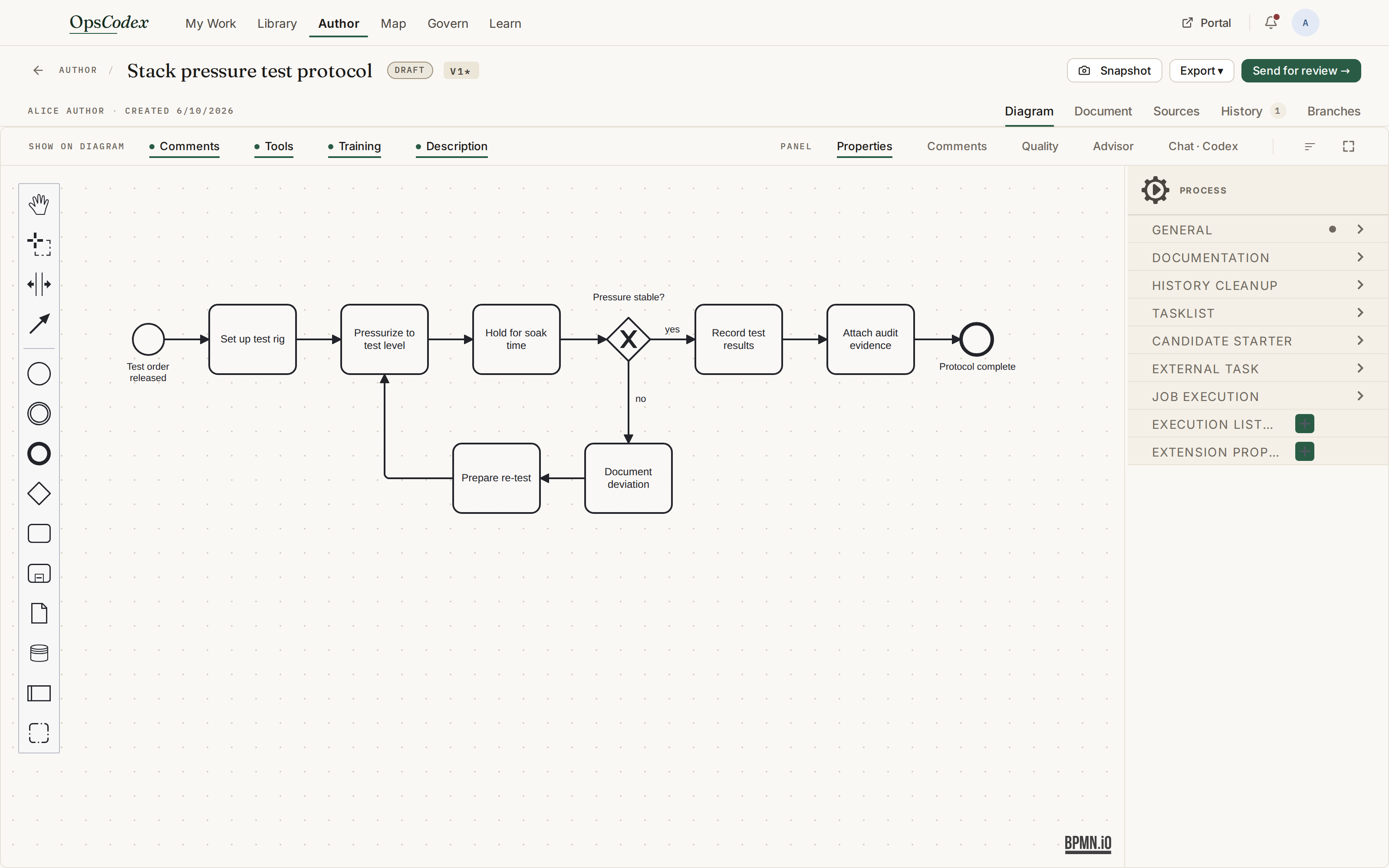 OpsCodex Studio — BPMN editor with an AI-drafted process